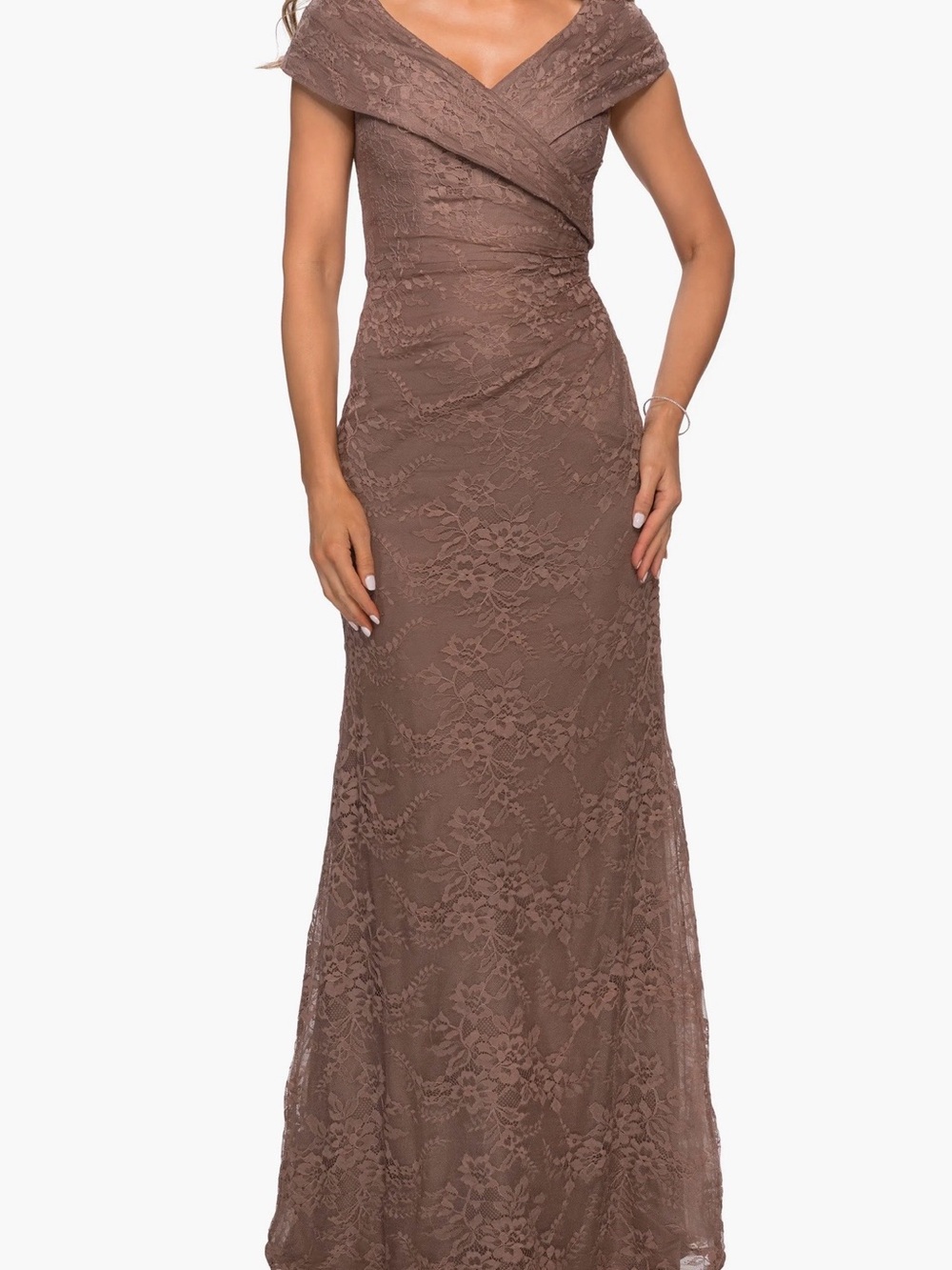 La Femme Taupe Lace Off-Shoulder Maxi Gown